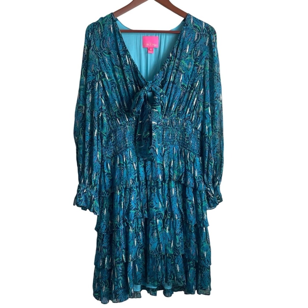 Lilly Pulitzer‎ Women Tropical Metallic Tiered Mini Dress XS Blue Boho Preppy
